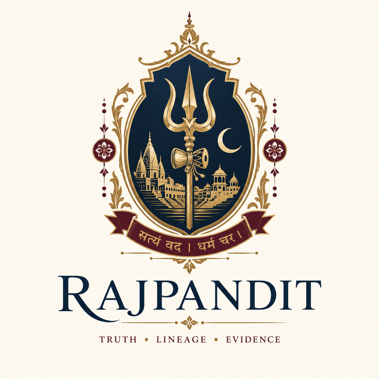 Rajpandit crest and wordmark with Shaivite trishul, damaru, crescent and Kashi-inspired ghat architecture